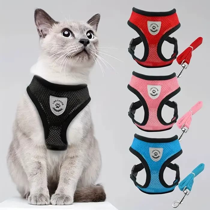 Harnais pour chat réglable, maille respirante anti-fuite avec gilet réfléchissant laisse de 5 pieds-