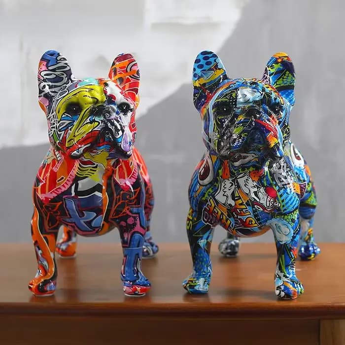 Décoration de statue en résine de bouledogue français debout coloré, artisanat de graffitis de brico