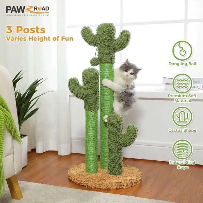 Arbre à chats cactus pour chats d'intérieur, grand griffoir avec 3 poteaux en sisal, balle suspendue