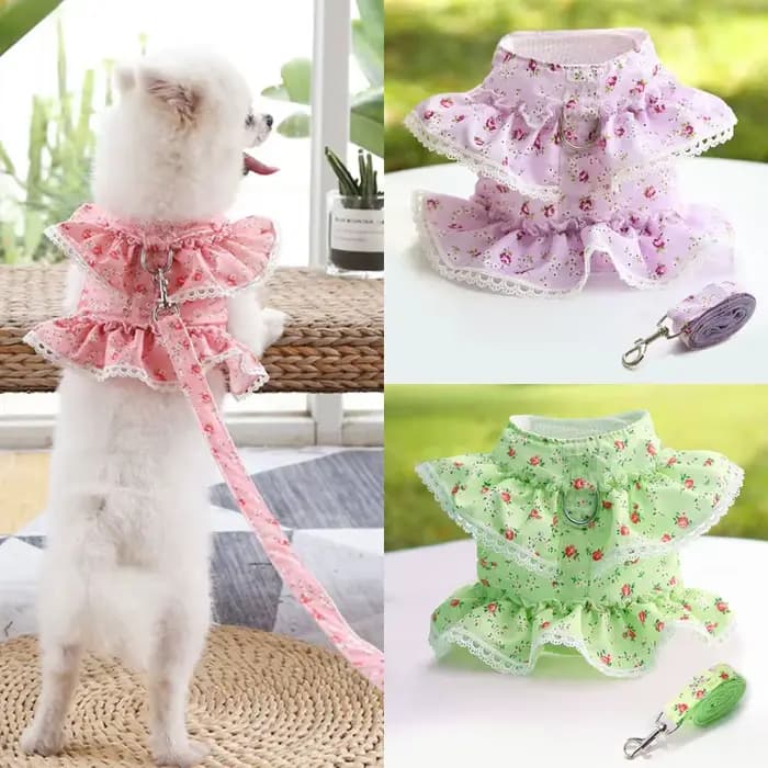 Ensemble Harnais et Laisse en Dentelle Florale pour Chiens et Chats de Petite Taille – Robe Mignonne