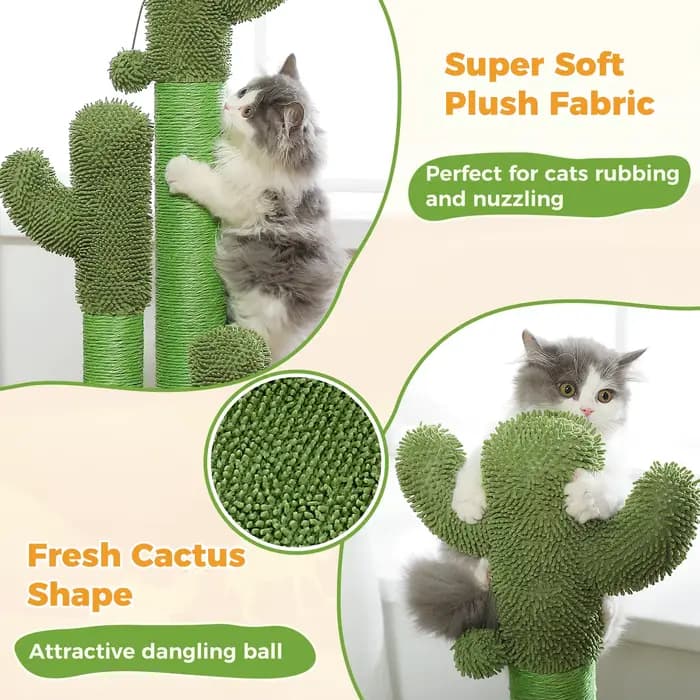 Arbre à chats cactus pour chats d'intérieur, grand griffoir avec 3 poteaux en sisal, balle suspendue
