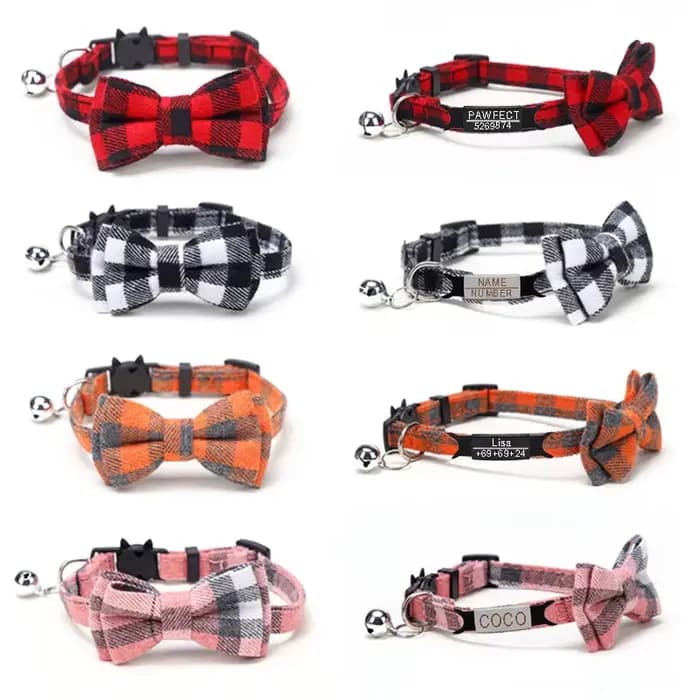 Collier de chat personnalisé avec nom ID et nœud papillon, collier de chien réglable élastique, nœud