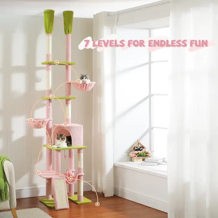 Arbre à chat Cactus du sol au plafond, tour à chat à 7 niveaux, arbre d'escalade pour chat avec hama