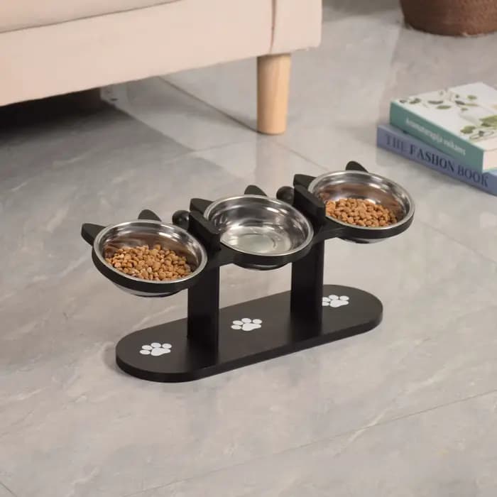 Bol pour chat surélevé à 3 niveaux avec supports en bois et acier inoxydable, support réglable à ang