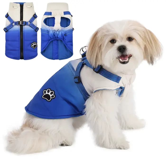 Veste d'hiver avec harnais pour chien, manteaux chauds à fermeture éclair au dos pour petits, moyens