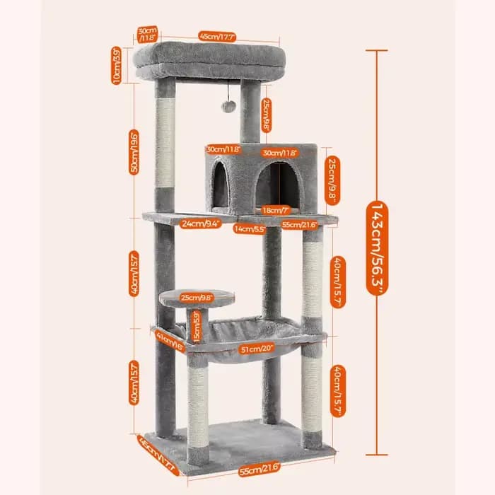Arbre à chat en sisal pelucheux avec condo à 2 portes, maison, 56.3 po