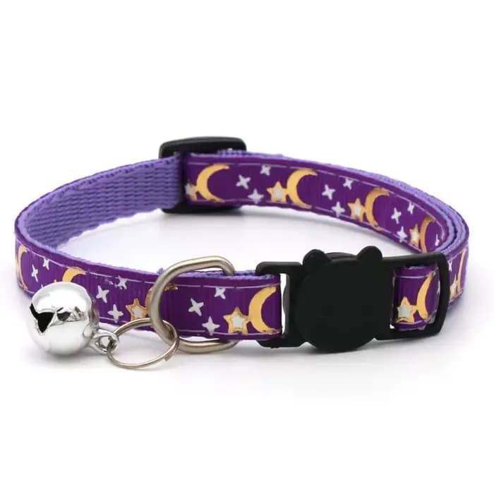 Collier pour chat étoiles et lune dorées avec boucle de sécurité réfléchissante et cloche