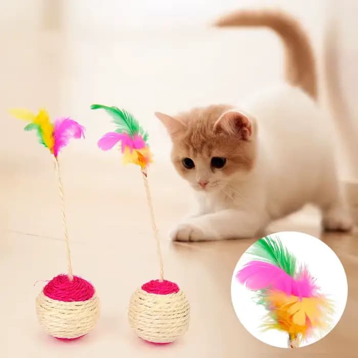 Jouet Interactif pour Chat, Plumes Colorées, Balle de Couverture, Griffe de Meulage, Volant en Sisal