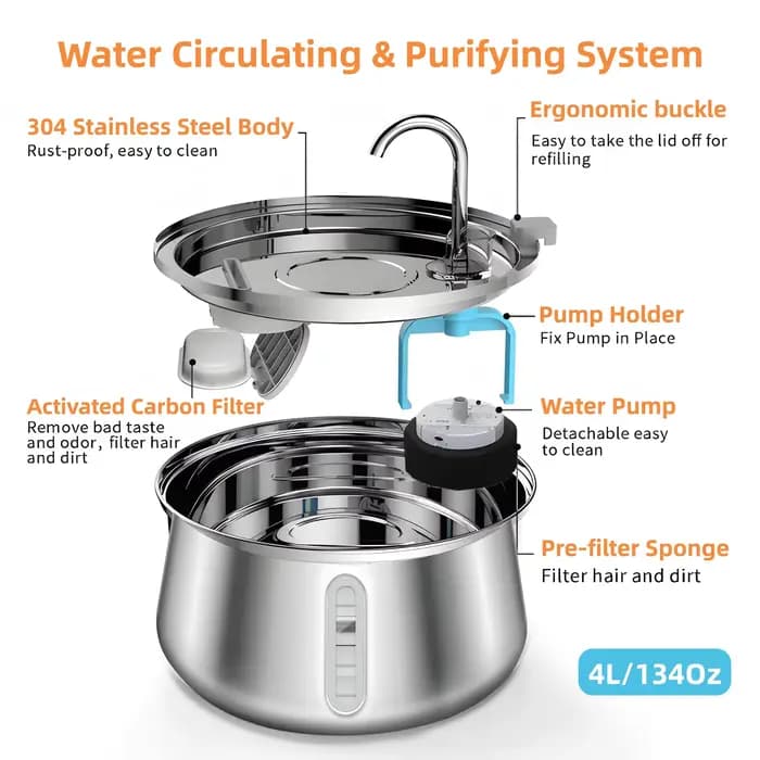 Fontaine pour chat mangeoire à eau pour animaux de compagnie en acier inoxydable 4L distributeur d'e
