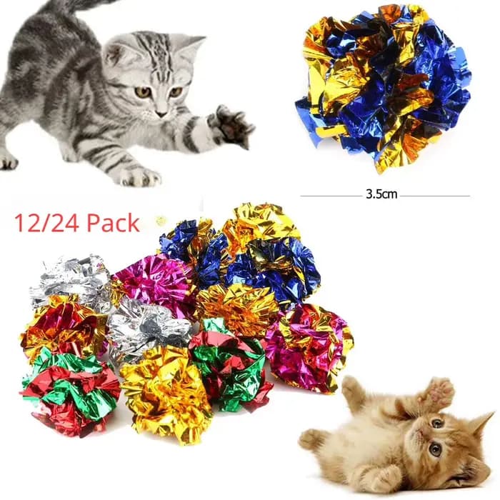 Paquet de 24/12 boules froissées colorées, jouet en papier étain sonore pour chat, poupées de vocali