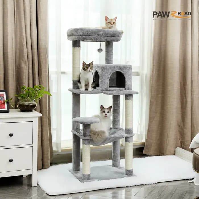 Arbre à chat pour chats d'intérieur, tour à chat à 5 niveaux pour grands chats avec grand hamac, pot