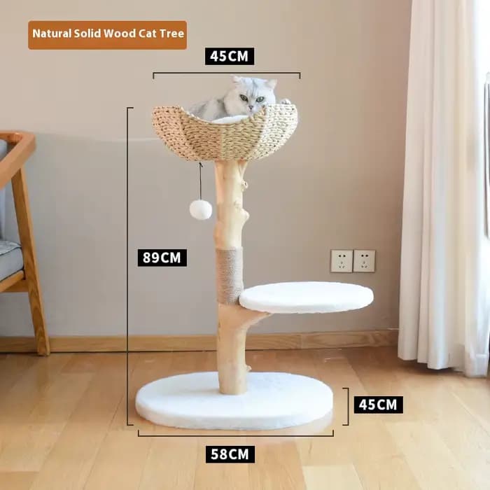 Arbre à chat de luxe en bois naturel avec trou d'arbre, arbre à grimper intégré pour chat avec lit p