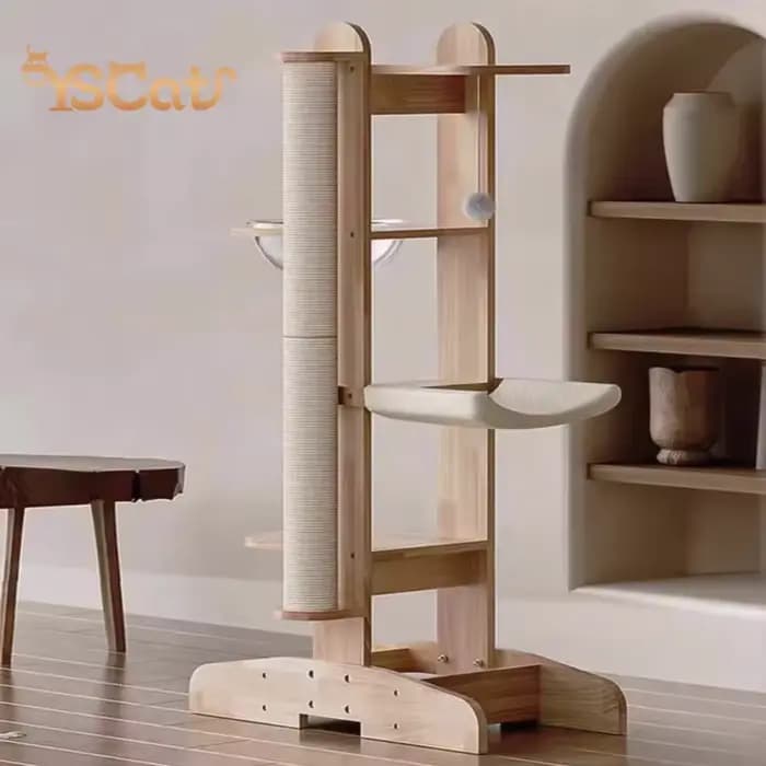 Arbre à chat moderne de luxe en bois massif de 125cm, grand arbre à chat avec tour de maison pour an