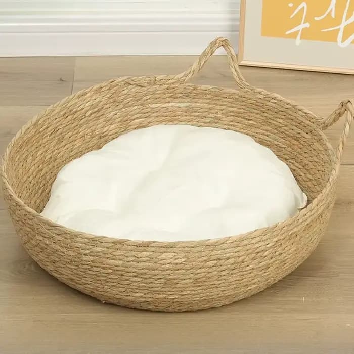 Panier-lit pour chat en rotin tressé d'été avec coussin moelleux, forme donut ronde, nid douillet et