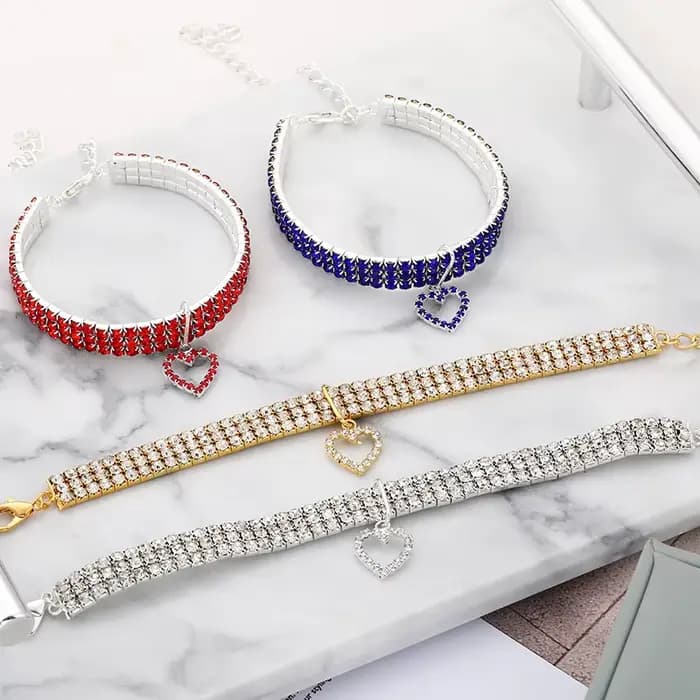 Collier élastique à trois rangées de strass pour animaux de compagnie, décoration d'amour, chiot, ch