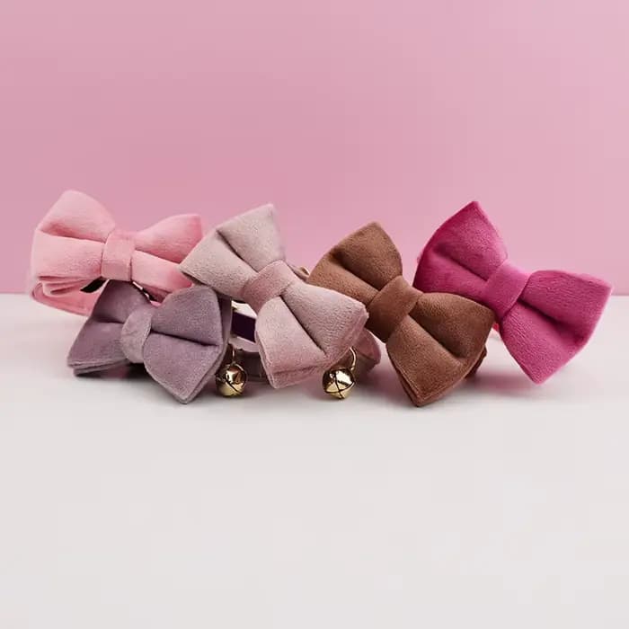 Collier pour chat en velours personnalisé avec plaque nominative, clochette et nœud papillon – Colli