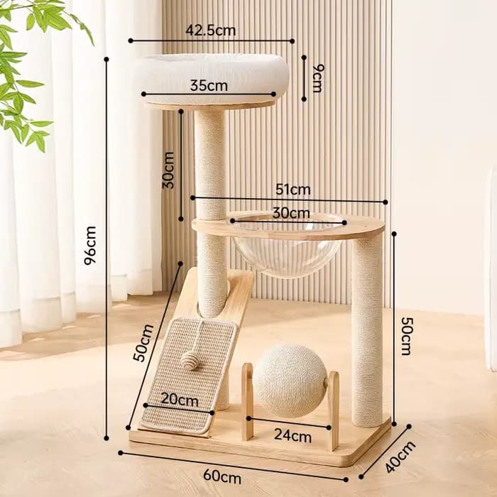 Arbre à chat en bois massif avec poteau à gratter et balles, structure d'escalade et nid pour chat,