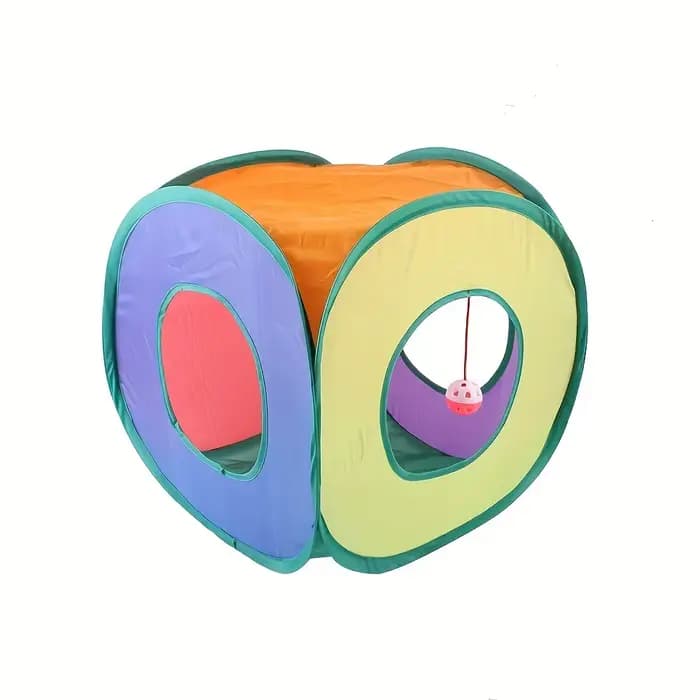 Tunnel carré pliable arc-en-ciel pour chat avec balle suspendue, abri interactif pour animaux de compagnie, maisonnette de jeu, grotte pour chat