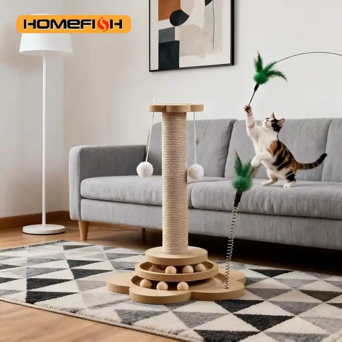 Jouet pour chat en bois massif, plateau tournant pour chat, boules de bâton amusantes, planche à gratter en Sisal Durable, fournitures pour chat, colonne de préhension pour chat