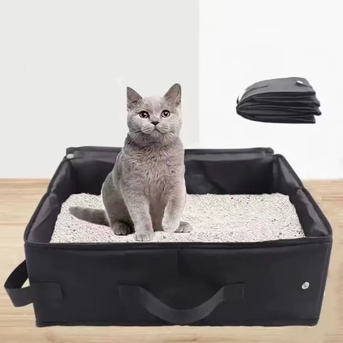 Bac à litière pliable portable pour chat avec couvercle et poignée
