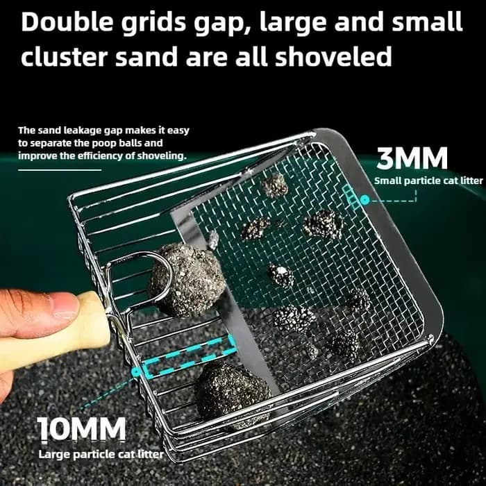 Pelle à litière pour chats en acier inoxydable avec manche en bois – Conception facile à nettoyer pour petits chiens/chats (adhésive antirouille et poignée ergonomique)
