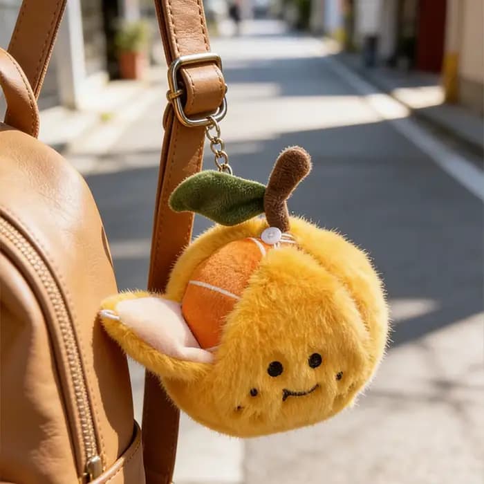 Porte-clés pendentif sac à dos en peluche orange pelable