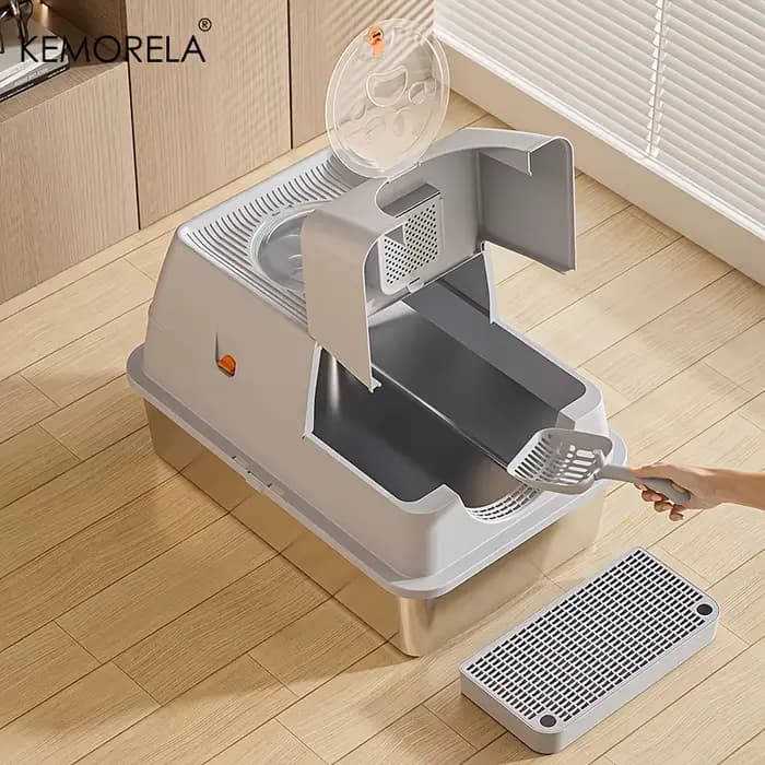 KEMORELA bac à litière pour chat en acier inoxydable XLExtra grande bac