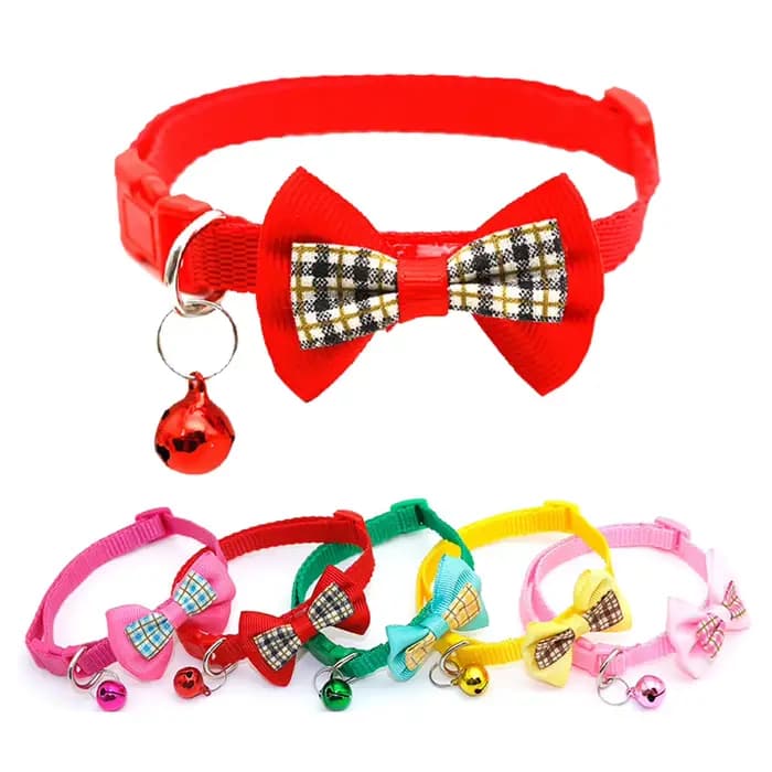 Pet Collar with Bell Cats Checked Bow Adjustable Buckle Neck Strap Puppy Dog