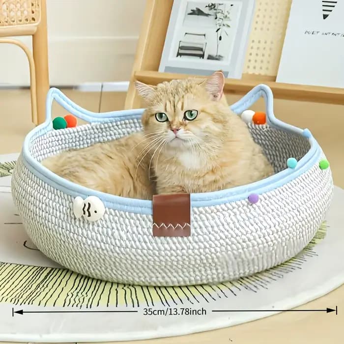 Lit pour chat de compagnie en rotin rond tressé à la main, panier rafraîchissant d'été pour chaton, paniers à gratter pour chat en corde de coton