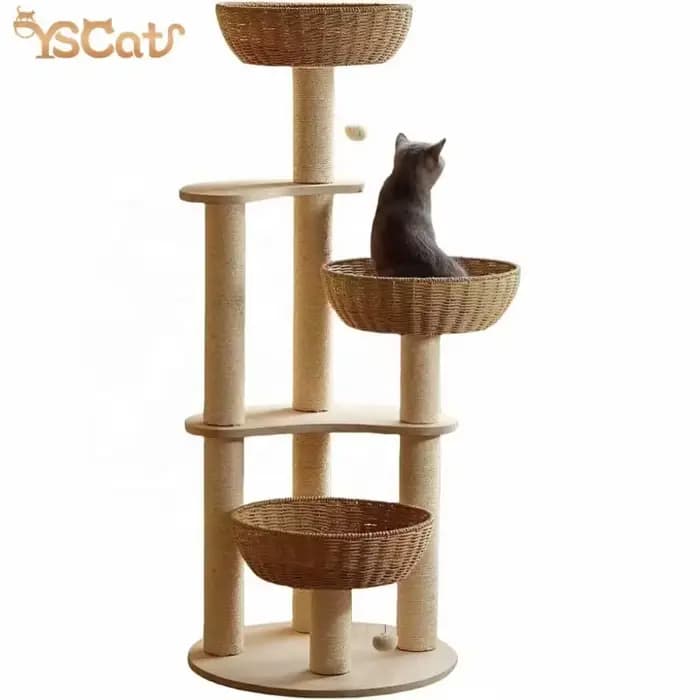 Tour à chat multi-niveaux en bois gris du sol au plafond, arbre à chat en bois