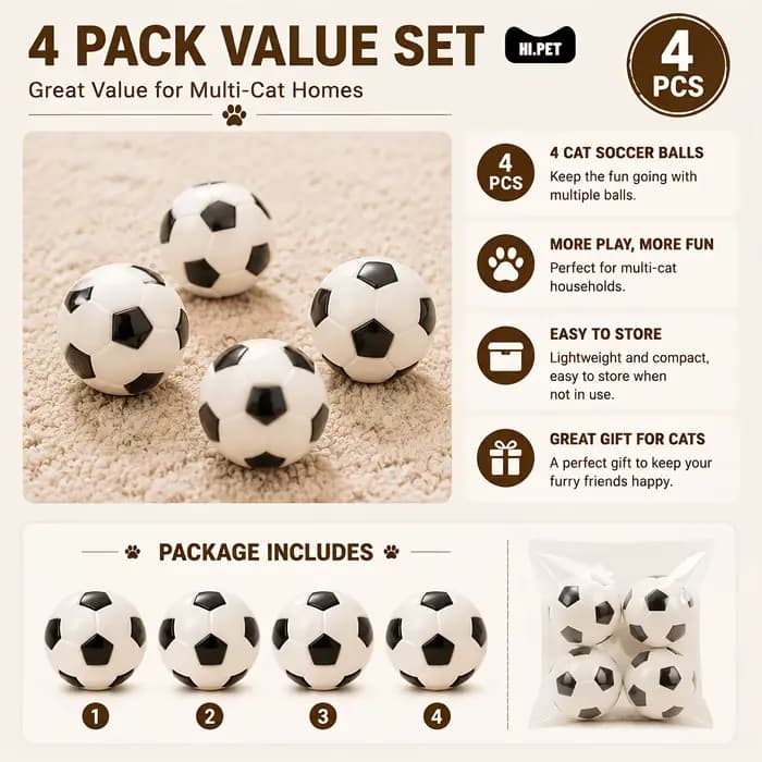 Lot de 4 jouets de football pour chat : balle rebondissante interactive pour chatons et chats adultes – Le jouet de divertissement intérieur idéal