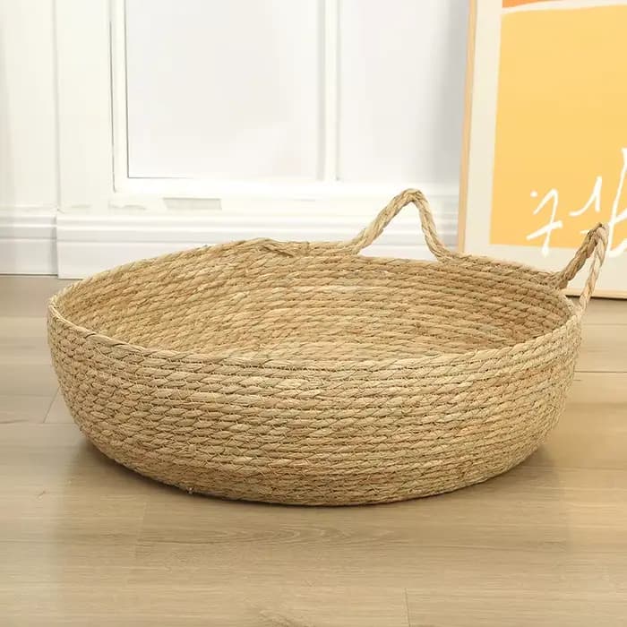 Panier-lit pour chat en rotin tressé d'été avec coussin moelleux