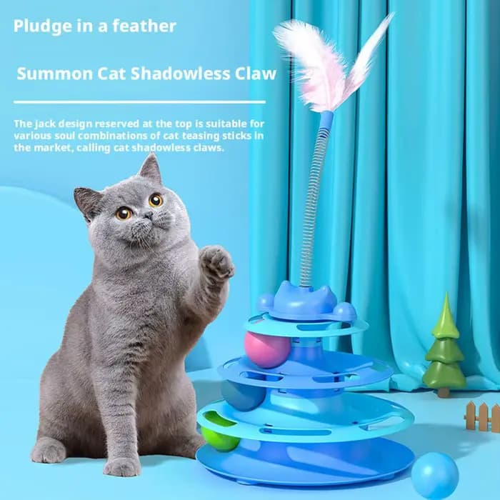 Jouet interactif pour chat : Tour de jeu avec boule tournante, piste à billes et plumes pour chatons – Fournitures d'entraînement pour animaux de compagnie