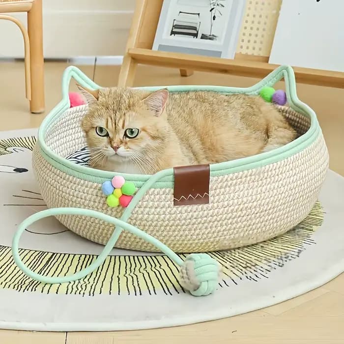 Lit pour chat de compagnie en rotin rond tressé à la main, panier rafraîchissant d'été pour chaton, paniers à gratter pour chat en corde de coton