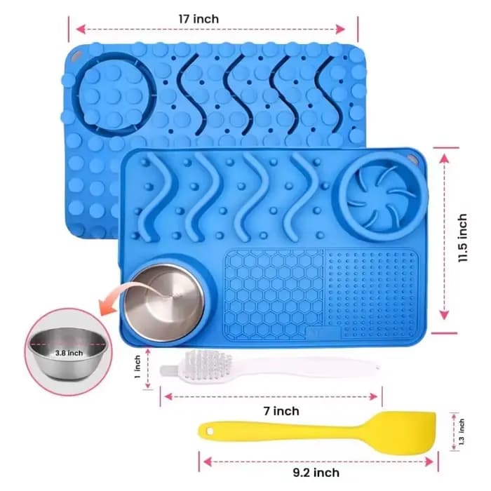Tapis d'alimentation lente pour animaux de compagnie – Outil amélioré de soulagement de l'anxiété et de l'ennui en silicone non toxique (turquoise) avec bol en aluminium, 17 x 11 x 2 po