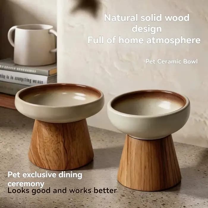 Bol surélevé en céramique pour chat avec base en bois massif