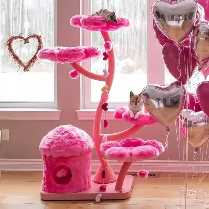 Arbre à chat luxueux et haut avec maison en forme de fleur