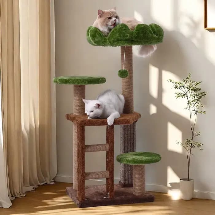 Arbre à chat moyen : Tour à chat multi-niveaux verte avec escalier