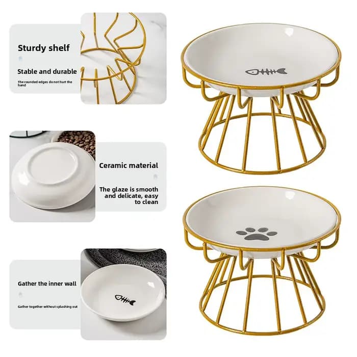 Bol de nourriture pour chat en céramique surélevé de qualité supérieure avec support en métal Stable détachable facile à nettoyer pour chats chiens décor à la maison
