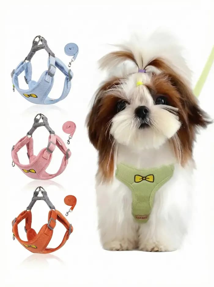 Ensemble Harnais et Laisse pour Animaux de Compagnie en Corduroy avec Nœud Papillon