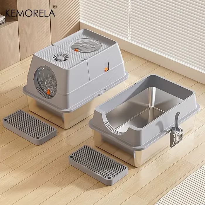 KEMORELA bac à litière pour chat en acier inoxydable XLExtra grande bac