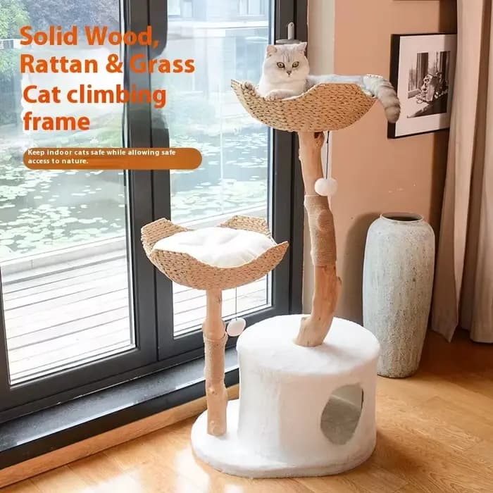 Arbre à chat de luxe en bois naturel avec trou d'arbre