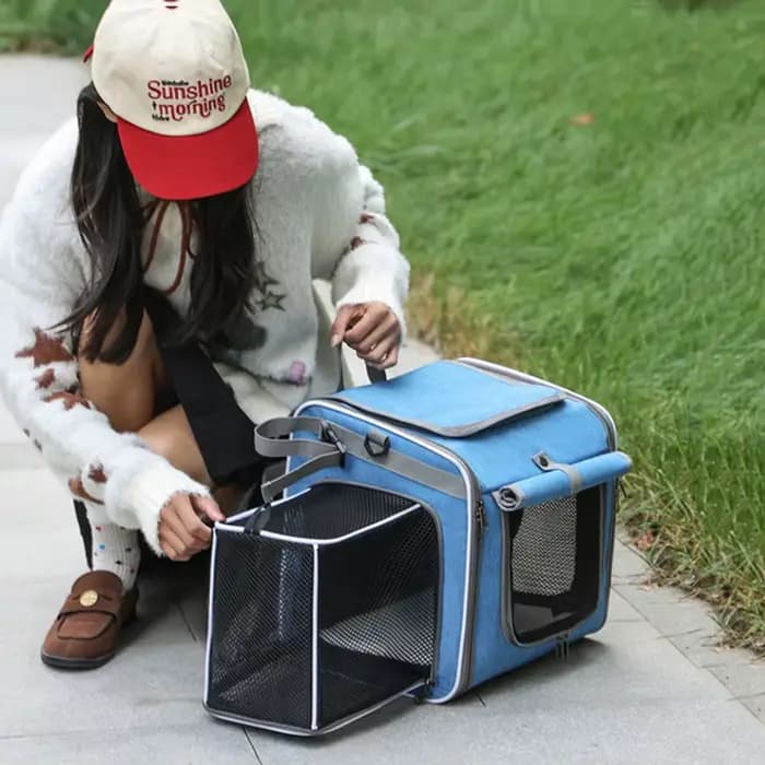Panier de vélo pour chien ou chat, sac à dos de transport pour animaux de compagnie extensible à parois souples avec 4 portes ouvertes, porte-chien pliable pour vélo
