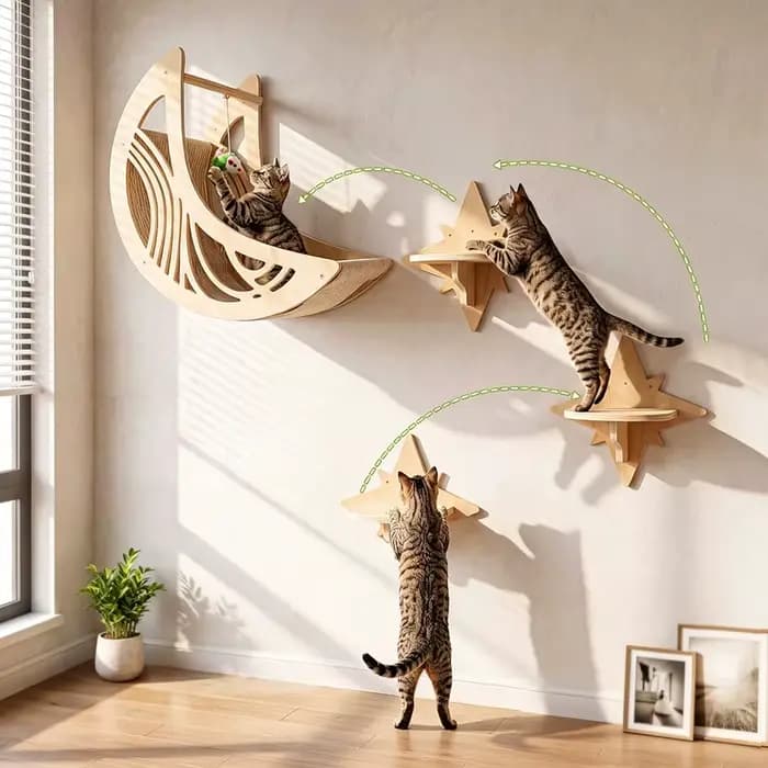 Étagères murales pour chats en bois massif