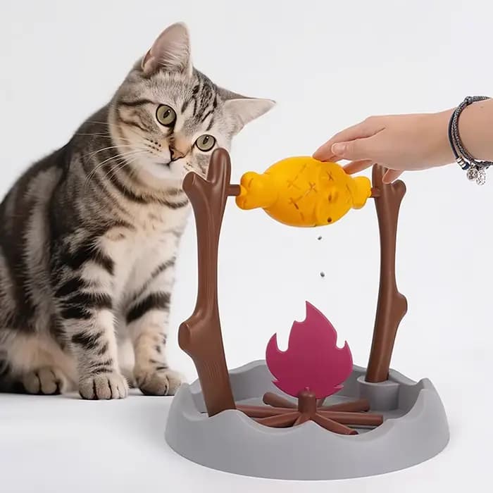 Jouet interactif pour chat en forme de barbecue d'extérieur - Distributeur de nourriture roulant avec friandises cachées
