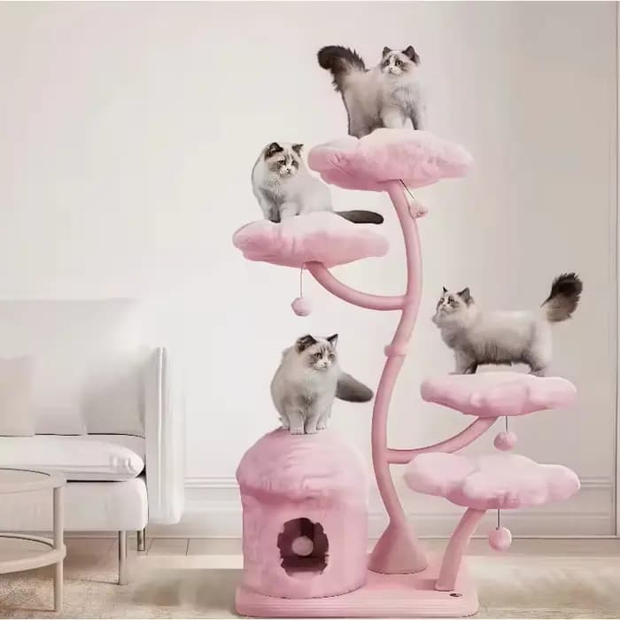 Arbre à chat luxueux et haut avec maison en forme de fleur