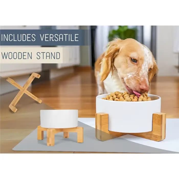 BSEVB - Petit bol pour animaux de compagnie en grès blanc et bois