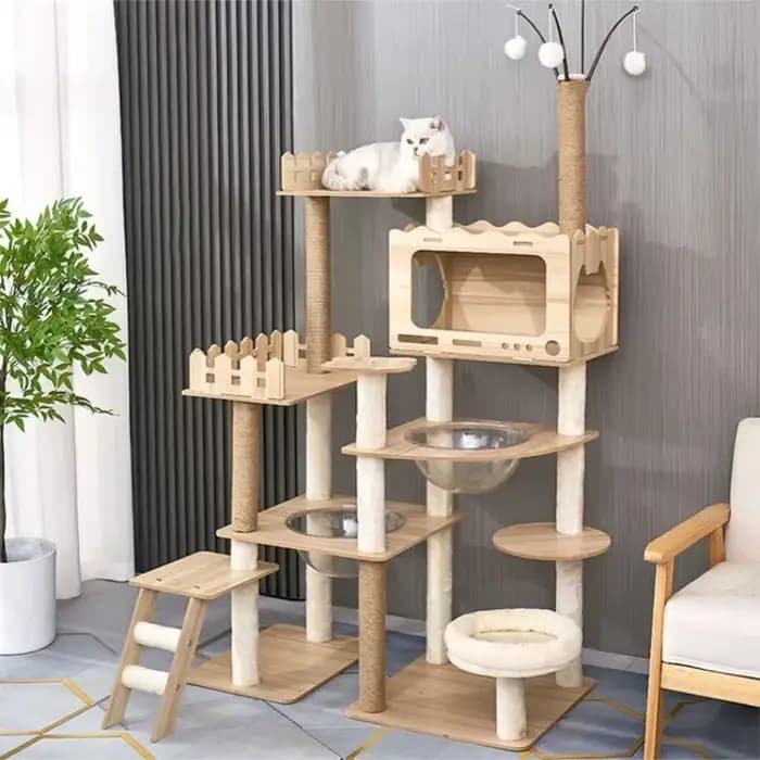 Tour à chat Durable à plusieurs niveaux, grand arbre à chat en bois avec dosette spatiale et postes à gratter, meubles et jouets d'intérieur pratiques pour chats