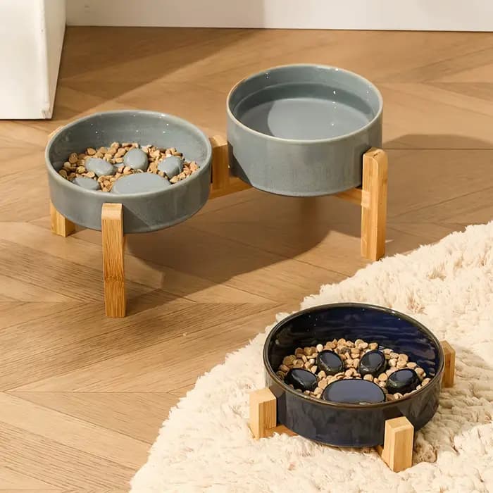 Gamelle surélevée en bois pour animaux de compagnie avec finition émaillée
