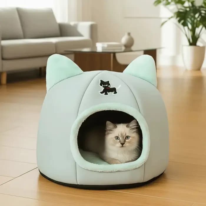 Nid d'hiver universel semi-fermé pour chat, dessin animé, confortable, coupe-vent, grotte pour chat, panier de couchage chaud antidérapant pour chats et chiens